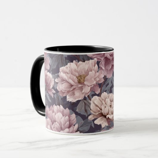 Romantisch mauve pioenroom bloemmotief mok (Voorkant links)