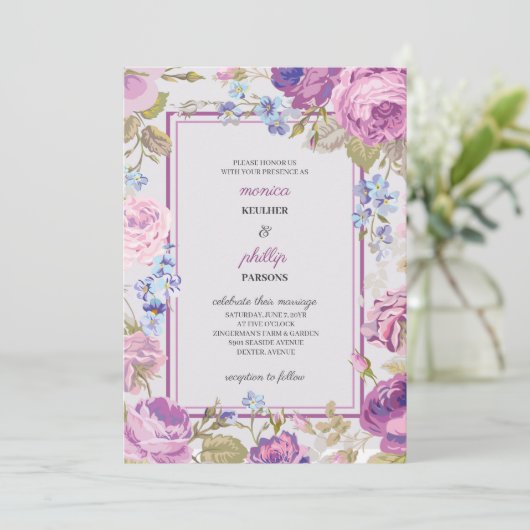 Romantisch Medium Violet Rode Kool Rozen bruiloft Kaart (Staand voorkant)