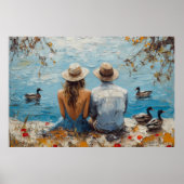 Romantisch meerlandschap met eenden en koppel poster (Voorkant)