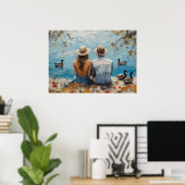 Romantisch meerlandschap met eenden en stel poster (Thuiskantoor)
