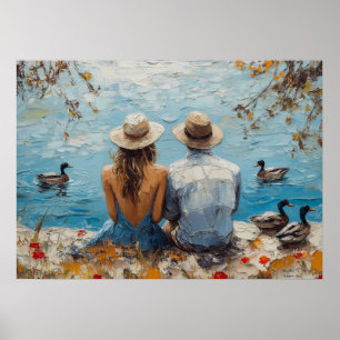 Romantisch meerlandschap met eenden en stel poster