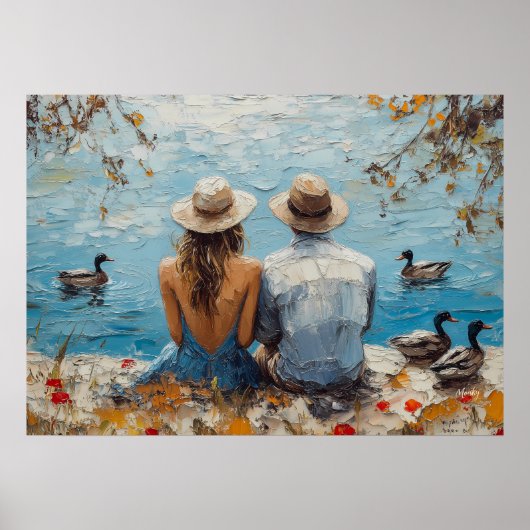 Romantisch meerlandschap met eenden en stel poster (Voorkant)