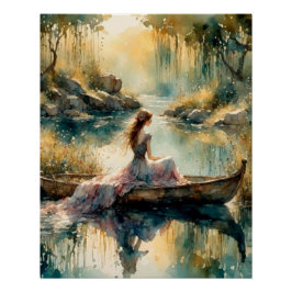 Romantisch meisje in houten boot op het meer perfect poster