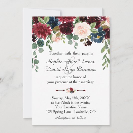 Romantisch Merlot Navy Blauwe Bloemige Trouwdag Kaart (Voorkant)