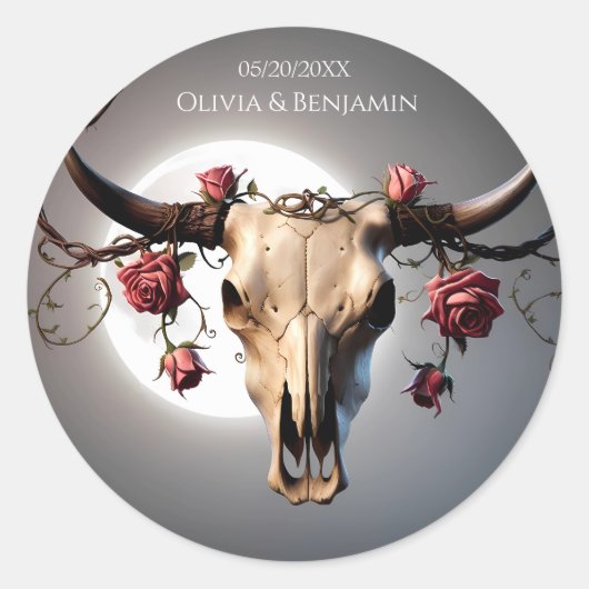 Romantisch Middeleeuws Bloemen Koe Schedel Huwelij Ronde Sticker (Voorkant)