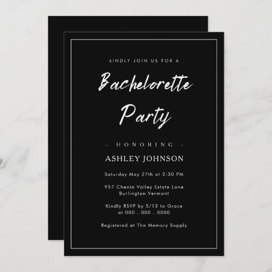 Romantisch Minimaal Script Zwart Bachelorette Part Kaart (Voorkant / Achterkant)