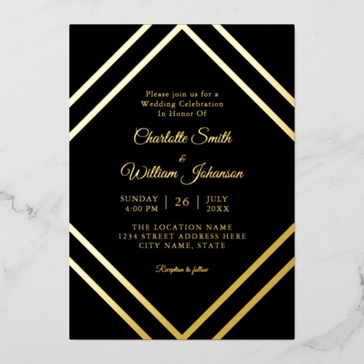 Romantisch minimalistisch elegant zwart goud folie uitnodiging (Voorkant)
