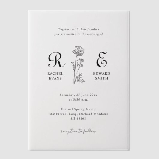 Romantisch minimalistisch monogram bruiloft vellum uitnodigingen (Voorkant)