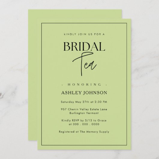 Romantisch minimalistisch script lime groene bruid kaart (Voorkant / Achterkant)