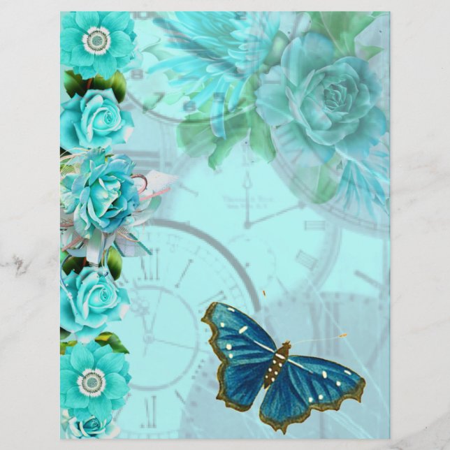 Romantisch mintblauwe bloem vlinder scrapbook papi (Voorkant)