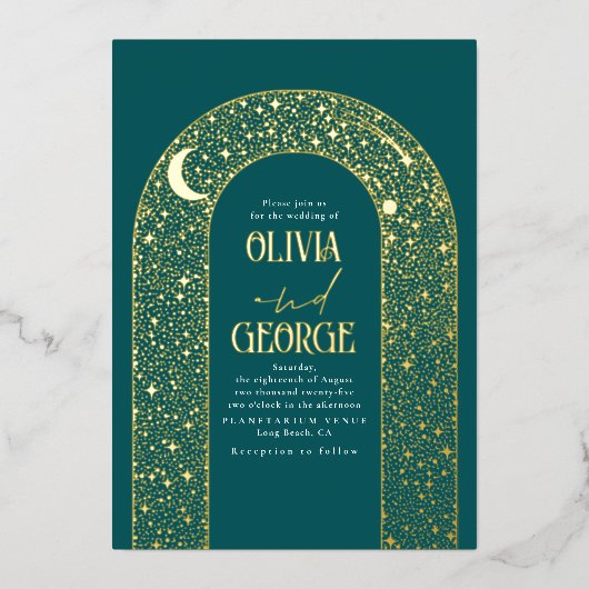 Romantisch Modern Hemels Huwelijk Blauwgroen Blauw Folie Uitnodiging (Voorkant)
