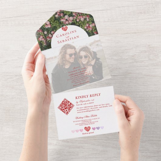 Romantisch Modern Roos Tuin Foto Overlay Bruiloft All In One Uitnodiging (Afscheurbaar)