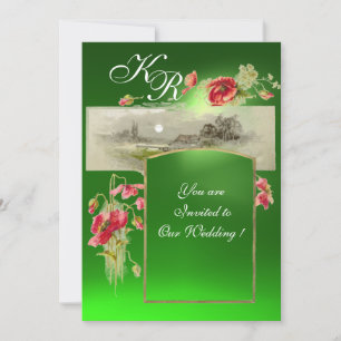 ROMANTISCH MONOGRAAM / KLOPPOPPIES, rood, groen sm Kaart