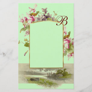 ROMANTISCH MONOGRAM / CYKLAMEN,roze groen Briefpapier