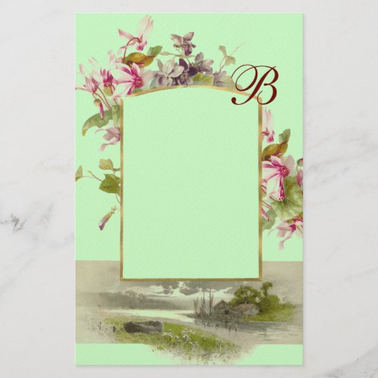 ROMANTISCH MONOGRAM / CYKLAMEN,roze groen Briefpapier (Voorkant)