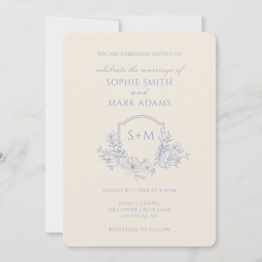 Romantisch Monogram Initiaal Crest Floral Wedding Kaart (Voorkant)