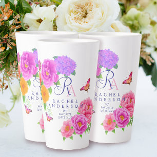 Romantisch Monogram Pioenen Tuin Wit Latte Mok