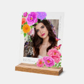 Romantisch Monogram Pioenen Tuinfoto Acryl Bord (Hoek)
