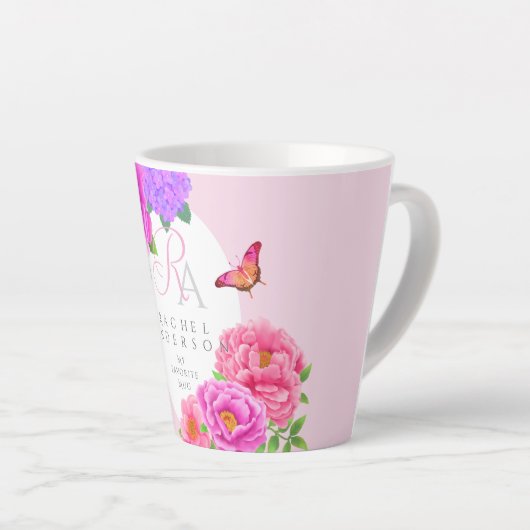 Romantisch Monogram Pioenentuin Roze Latte Mok (Rechterhoek)