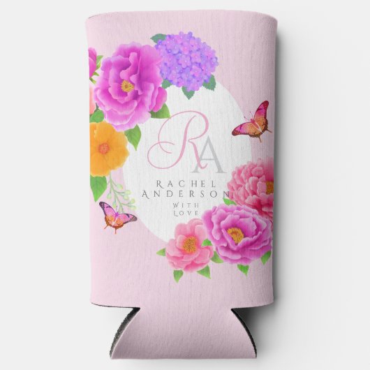 Romantisch Monogram Pioenentuin Roze Seltzer Blikjeskoeler (Voorkant)
