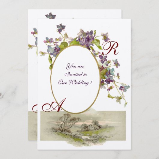 ROMANTISCH MONOGRAM /VIOLETTEN,groen paars,champag Kaart (Voorkant / Achterkant)