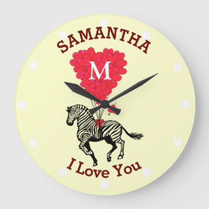 Romantisch monogram zebra gepersonaliseerd grote klok