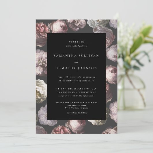 Romantisch Moody Delicate Donker Zwart Bloemen Huw Kaart (Staand voorkant)