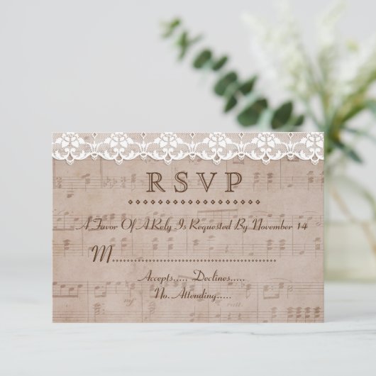 Romantisch  Muziekblad & Kant Wedding RSVP (Staand voorkant)