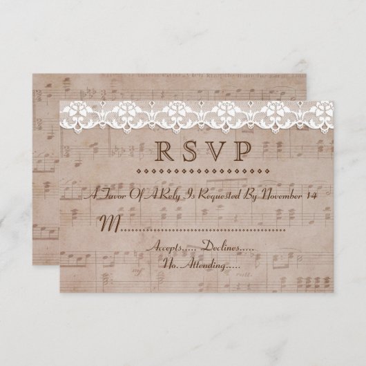 Romantisch  Muziekblad & Kant Wedding RSVP (Voorkant / Achterkant)