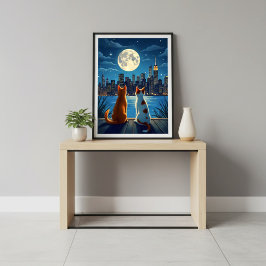 Romantisch nachtelijk stadsgezicht katten maanlich poster