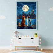 Romantisch nachtelijk stadsgezicht katten maanlich poster