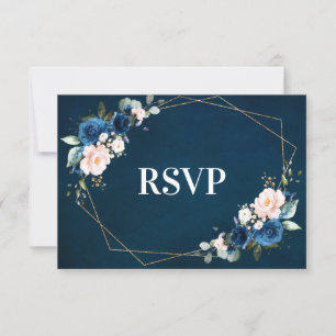 Romantisch Navy blauw Blush Roze Bloemen Geometris RSVP Kaartje