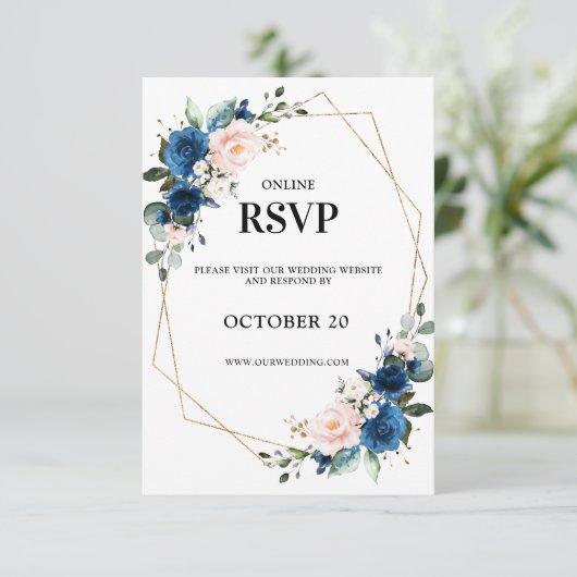 Romantisch Navy blauw Blush Roze Bloemen Geometris RSVP Kaartje (Staand voorkant)
