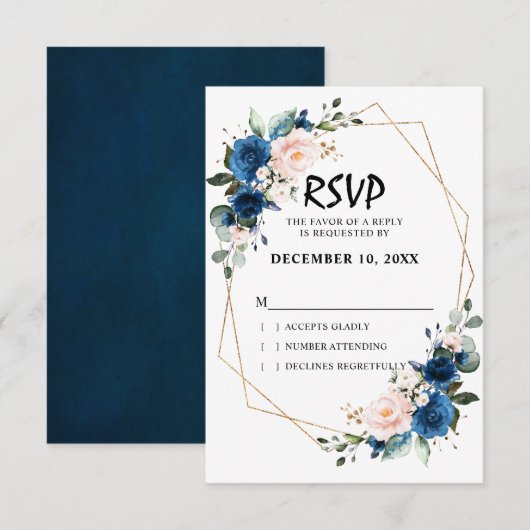 Romantisch Navy blauw Blush Roze Bloemen Geometris RSVP Kaartje (Voorkant / Achterkant)