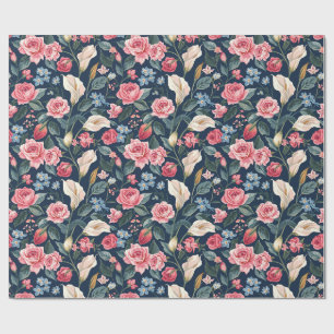 Romantisch Navy Blauwe Bloem Tuin Patroon Cadeaupapier