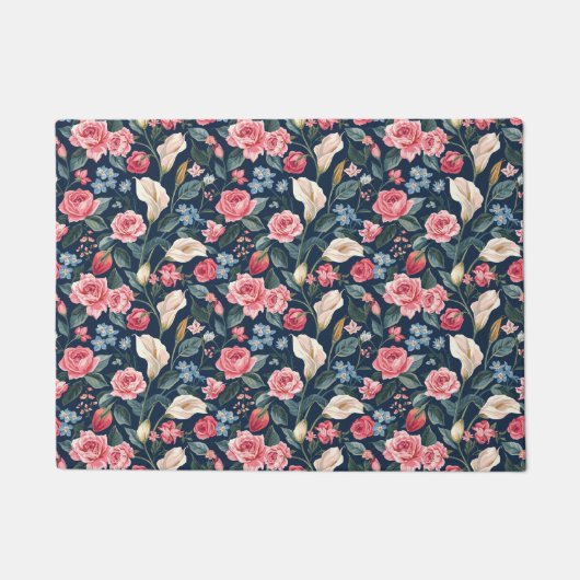 Romantisch Navy Blauwe Bloem Tuin Patroon Deurmat (Voorkant)