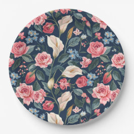 Romantisch Navy Blauwe Bloem Tuin Patroon Papieren Bordje