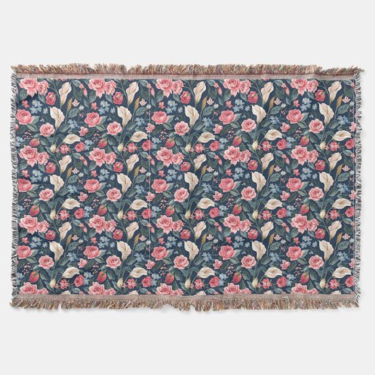 Romantisch Navy Blauwe Bloemtuin Patroon Deken (Voorkant)
