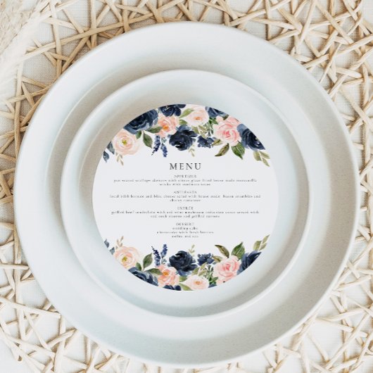 Romantisch Navy Blush Bloemencirkel Diner Menu Kaa Kaart
