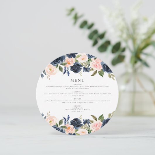 Romantisch Navy Blush Bloemencirkel Diner Menu Kaa Kaart (Staand voorkant)