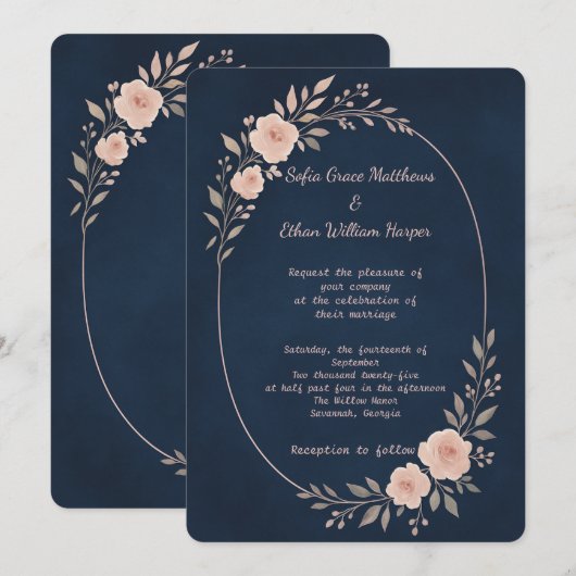 Romantisch Navy Blush Botanisch Lijst Kaart (Voorkant / Achterkant)