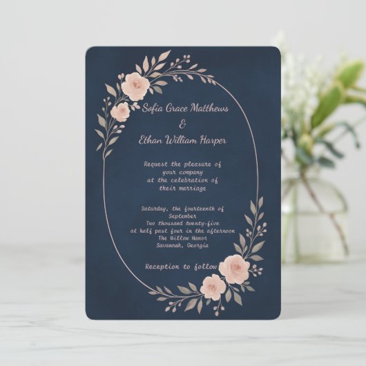Romantisch Navy Blush Botanisch Lijst Kaart (Staand voorkant)