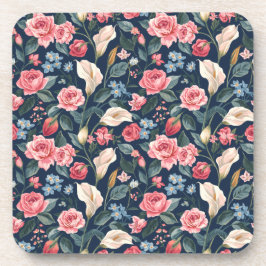 Romantisch Navyblauw Bloemmotief Bier Onderzetter