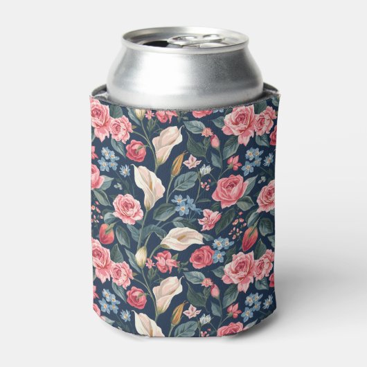 Romantisch Navyblauw Bloemmotief Blikjeskoeler (Blikje Voorkant)