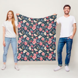 Romantisch Navyblauw Bloemmotief Fleece Deken