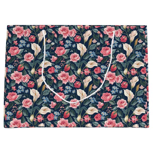 Romantisch Navyblauw Bloemmotief Groot Cadeauzakje (Voorkant)