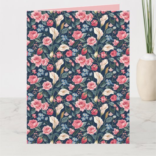 Romantisch Navyblauw Bloemmotief Kaart (Voorkant)