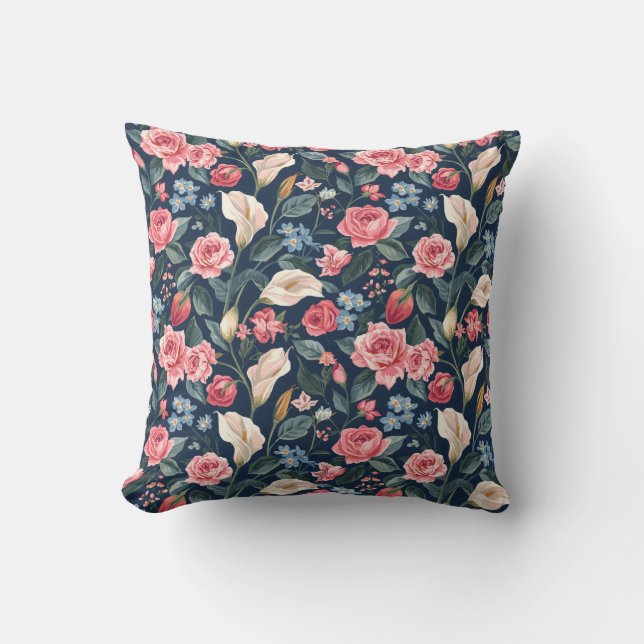 Romantisch Navyblauw Bloemmotief Kussen (Voorkant)