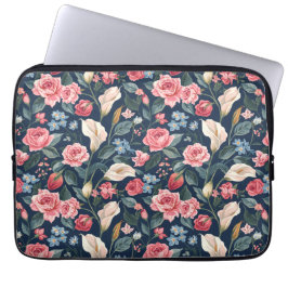 Romantisch Navyblauw Bloemmotief Laptop Sleeve