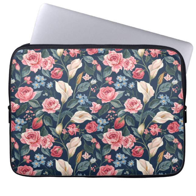 Romantisch Navyblauw Bloemmotief Laptop Sleeve (Voorkant)